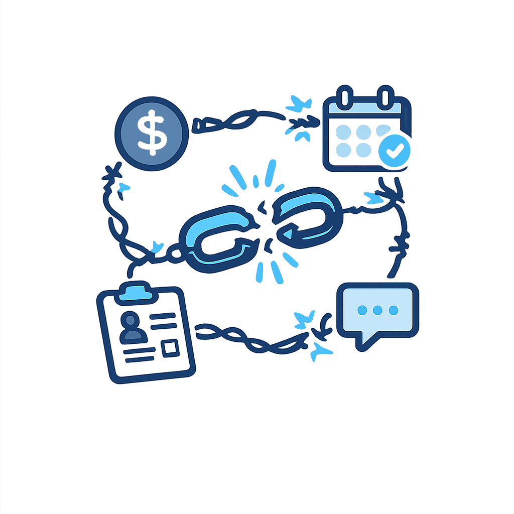 Best Church Management Software CMC Broken system illustration showing disconnected church management tools failing to communicate