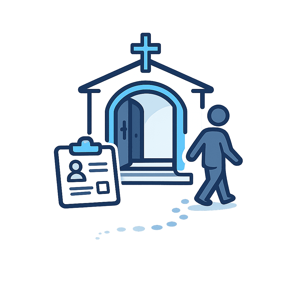Church Guest Outreach Automations from Connect My Church Software Silent loss illustration showing a church guest leaving after their first visit and not returning